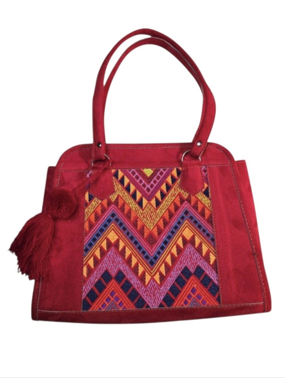 Guatemala Artisa Decorated Handback w/ a Geometric Zig Zag Motif in Red Suede.